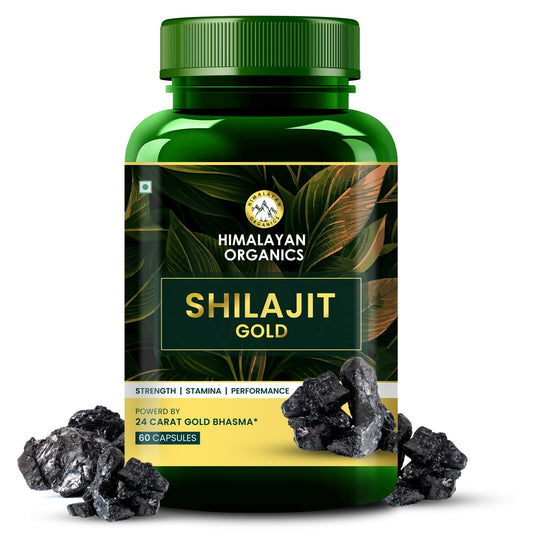 Himalayan Organics Pure Shilajit 24 carat Gold with Ashwagandha, Safed musli, Kaunch beej , Gokshura Swarna & Rajat Bhasma +10 more Ayurvedic herbs - -Boost Stamina, Strenght, Energy Power, Build Muscle Mass - 60 Veg Capsules