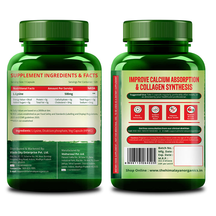 Vlado’s Himalayan Organics L-Lysine 500mg Essential Amino Acid | Supports Heart Health | Boosts Immunity | Improve Bone Health- 120 Veg Capsules