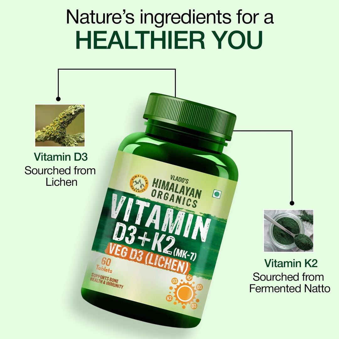 Vlado's Himalayan Organics Vitamin D3 K2 Tablets 600 IU with K2 MK7 55 mcg | Lichen Source Plant Based Vitamin D3 Supplement | Supports Bone Health, Calcium Absorption, Heart Health & Immunity | 60 Veg Tablets