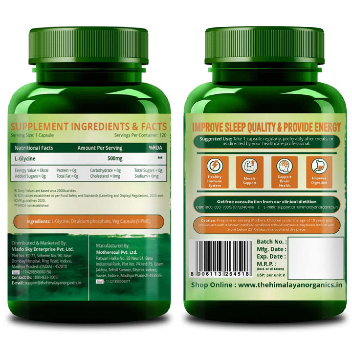 Vlado’s Himalayan Organics L-Glycine 500mg Supplement I Supports Healthy Sleep I Strong Immune System I Supports Brain Health -120 Veg Capsules