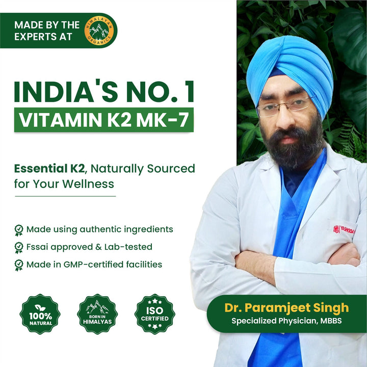 Vlado's Himalayan Organics Plant-Based Vitamin K2 MK- 7 Supplement Supports Stronger Bone & Heart Health I 55 MCG / Serving - k2 supplements for Men & Women - 120 Veg Capsules