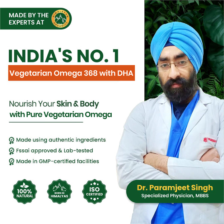 Vlado's Himalayan Organics Vegetarian Omega 3 - 1120 MG Supplement | 3X Strength | Veg DHA | Vegetarian Omega 3 | Algal DHA | Plant Based | No Fish oil Used I Healthy Heart, Joints & Eyes I Omega Capsules for Men & Women- 60 Veg Capsules