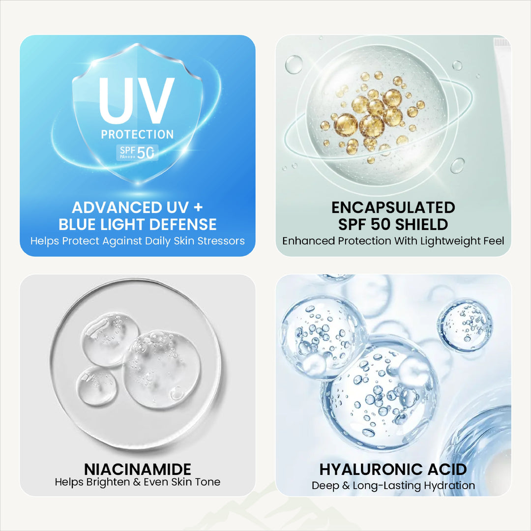 Vlado's Himalayan Organics Sunscreen SPF 50 PA+++ with Hyaluronic Acid, Niacinamide, Glutathione, Vitamins C & E, Kojic Acid, Kakadu Plum & Ceramide | No White Cast | 12H Protection | All Skin Types | Men & Women