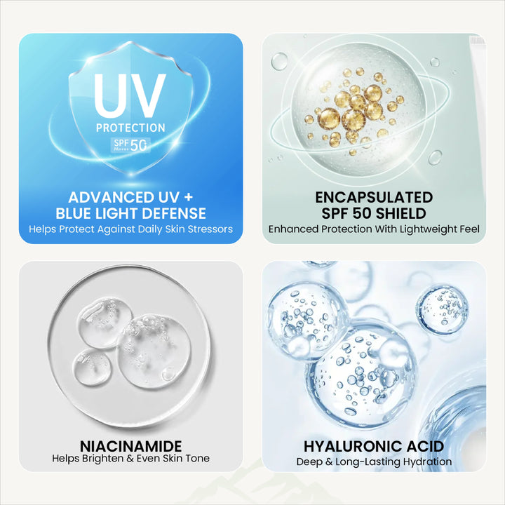 Vlado's Himalayan Organics Sunscreen SPF 50 PA+++ with Hyaluronic Acid, Niacinamide, Glutathione, Vitamins C & E, Kojic Acid, Kakadu Plum & Ceramide | No White Cast | 12H Protection | All Skin Types | Men & Women