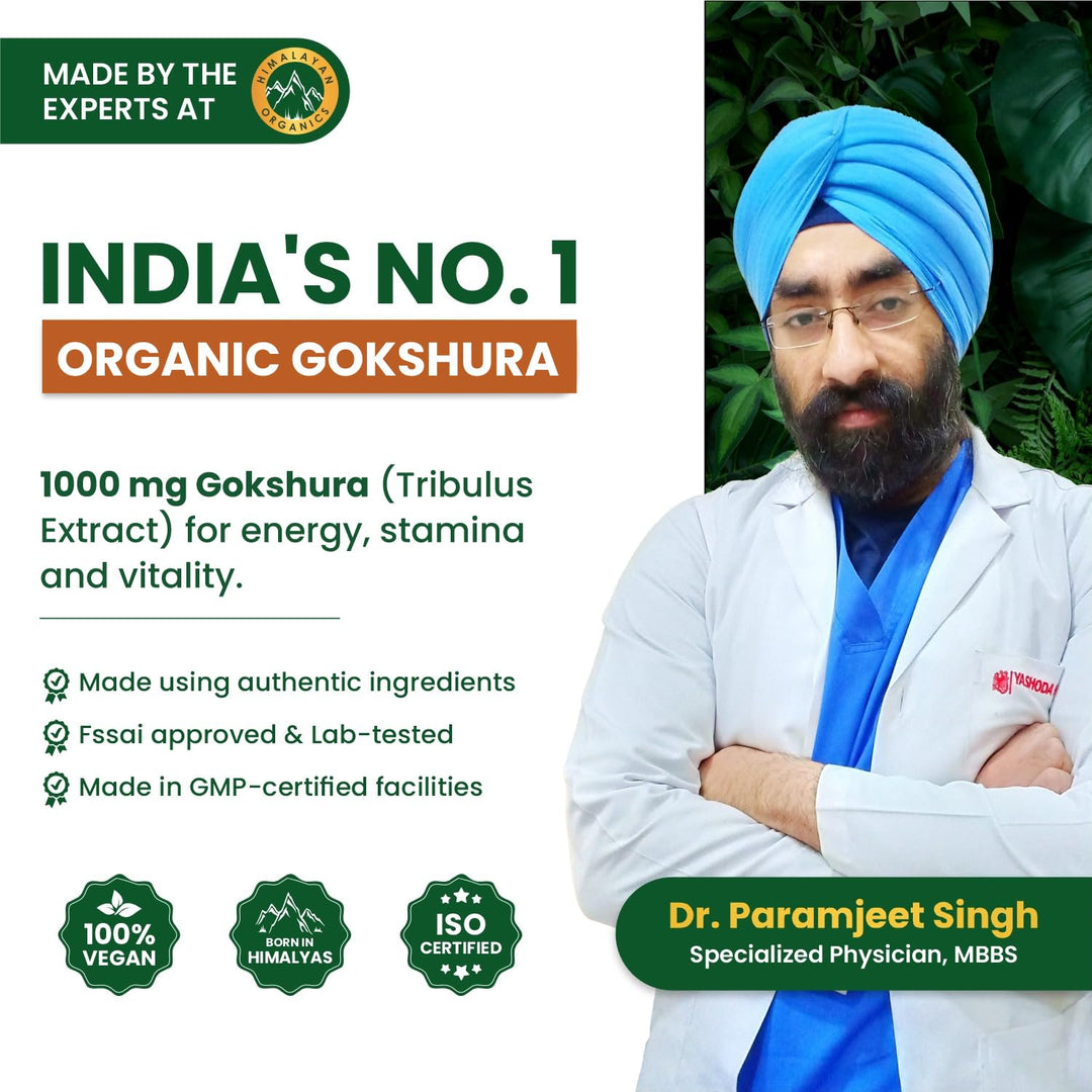 Vlado's Himalayan Organics - Organic Gokshura Tablets - 1000mg Gokhru / Serving -  Tribulus Terrestris for Men & Women | Improves Energy, Muscle Strength, Stamina & Supports Recovery