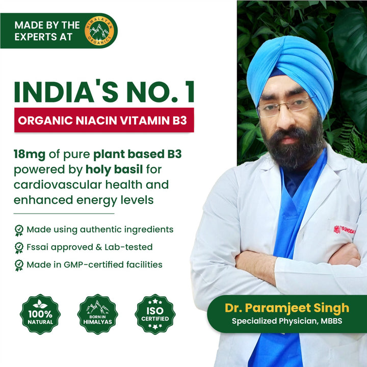 Vlado's Himalayan organics - Organic Niacin (Vitamin B3 ) 18 mg / Serving -  for Vascularity & Increase Cellular Energy - 45  Veg Tablets