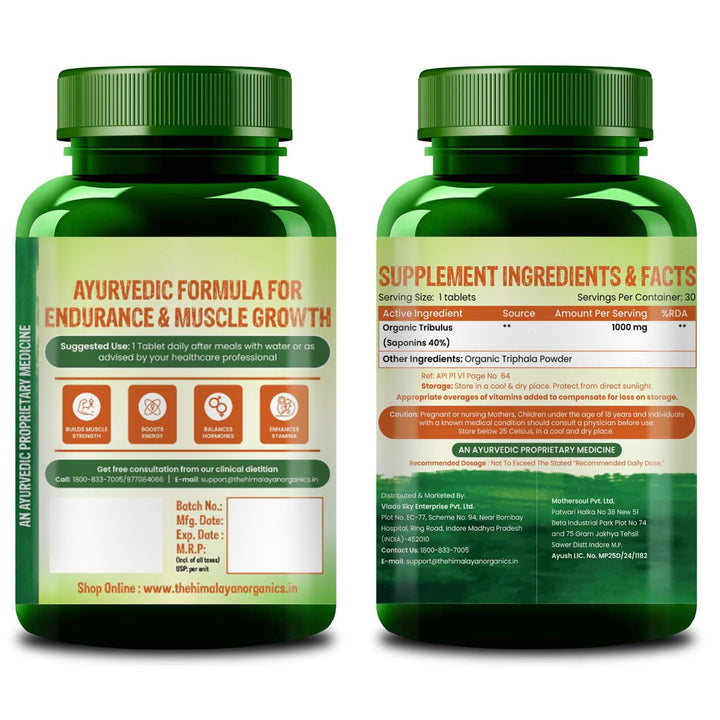 Vlado's Himalayan Organics - Organic Gokshura Tablets - 1000mg Gokhru / Serving -  Tribulus Terrestris for Men & Women | Improves Energy, Muscle Strength, Stamina & Supports Recovery