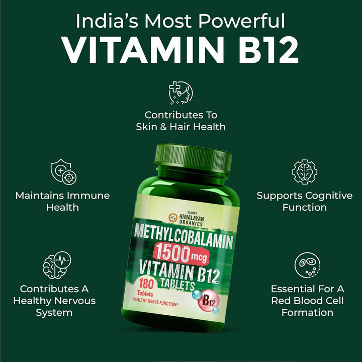 Vlado's Himalayan Organics Vitamin B12 Tablets 1500 mcg -Active form of Methylcobalamin Vitamin B12 Supplements for Men & Women- 180 Veg Tablets (6 Months Supply Pack)