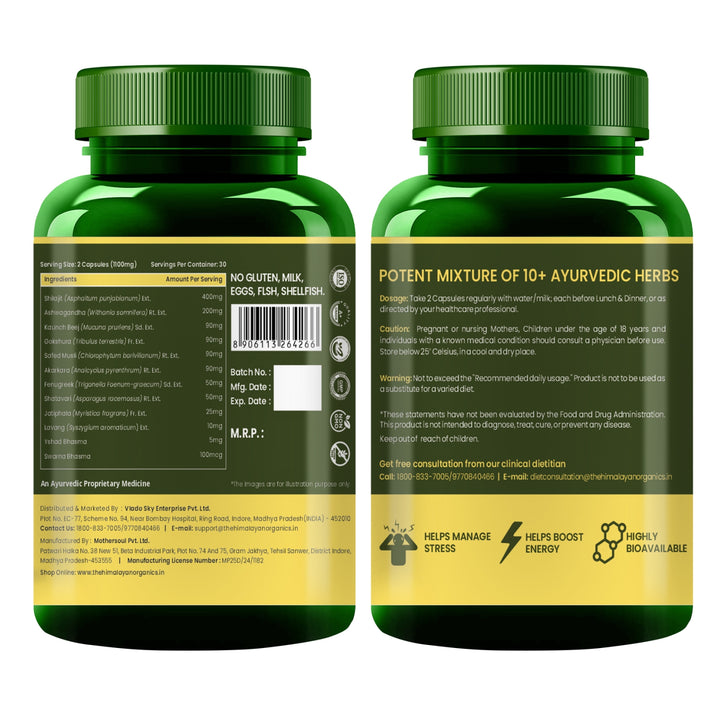 Vlado's Himalayan Organics Pure Shilajit 24 carat Gold with Ashwagandha, Safed musli, Kaunch beej , Gokshura Swarna & Rajat Bhasma +10 more Ayurvedic herbs - -Boost Stamina, Strenght, Energy Power, Build Muscle Mass - 60 Veg Capsules