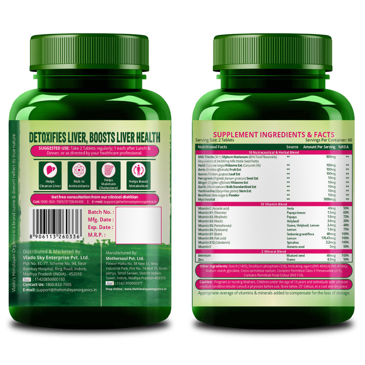 Vlado's Himalayan Organics Milk Thistle Extract With 800Mg Of Silybum Marianum Detox Supplement For Men And Women For Healthy Liver | Boost Metabolism And Maintain Cholesterol level - 120 Vegetarian Tablets