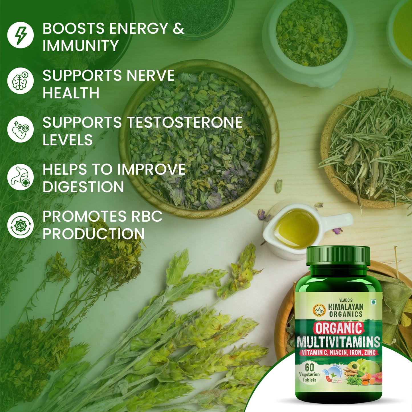Vlado's Himalayan Organics  - Organic Multivitamins with Iron ,Zinc ,Vitamin B3, C ,Organic Ashwagandha , Tribulus  & Turmeric - 100% Organic , Non-Synthetic - for Immunity, Engergy stamina , Hair, Skin & Bones - 60 Veg Tablets