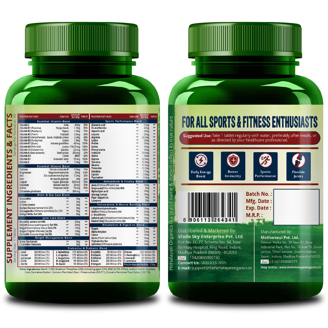 Vlado's Himalayan Organics Multivitamin Sports with 60 + Vital Nutrients & 13 Performance Blends with Enzymes – 60 Tabs