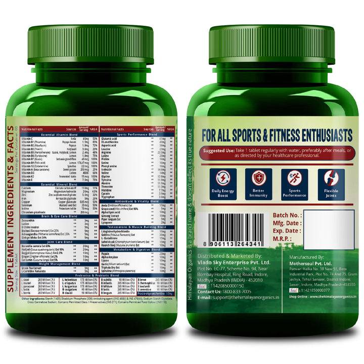 Vlado's Himalayan Organics Multivitamin Sports with 60 + Vital Nutrients & 13 Performance Blends with Enzymes – 60 Tabs