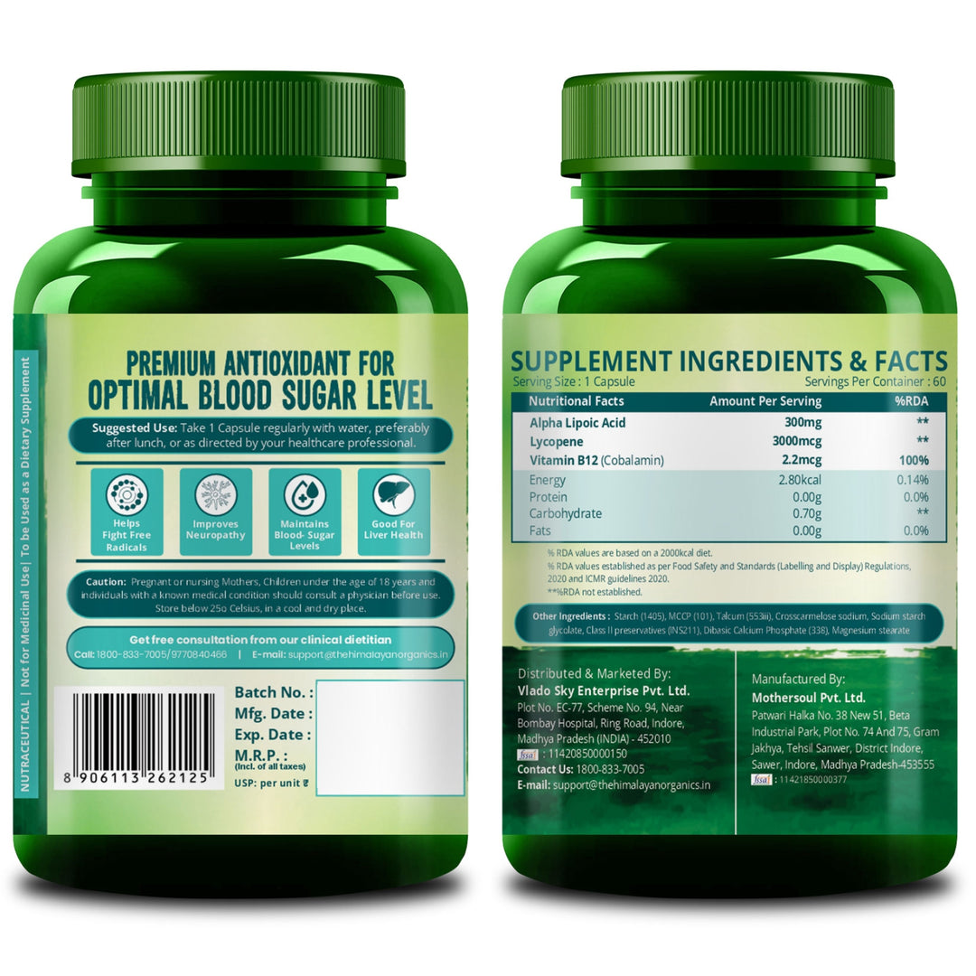 Vlado's Himalayan Organics Alpha Lipoic Acid 300mg | Boost Liver Function, Healthy Blood Sugar, Antioxidant | Good For Nerves And Heart Functioning - 60 Veg Capsules