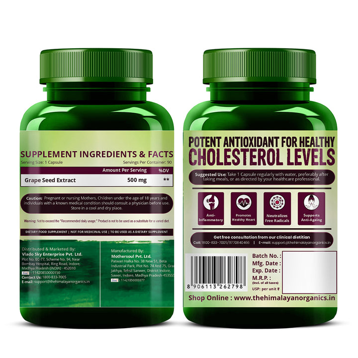 Vlado's Himalayan Organics Grape Seed Extract 500mg/Serving for Healthy Cholesterol Level - 90 Veg Capsules