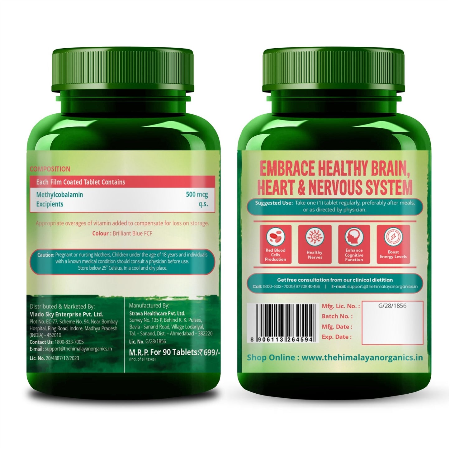 Vlado's Himalayan Organics Vitamin B12 Supplements - Methylcobalamin 500mcg I B12 Active form of Methylcobalamin I 100% RDA I For Memory, Brain, Heart & Nervous System Support I For Men & Women- 90 Tablets