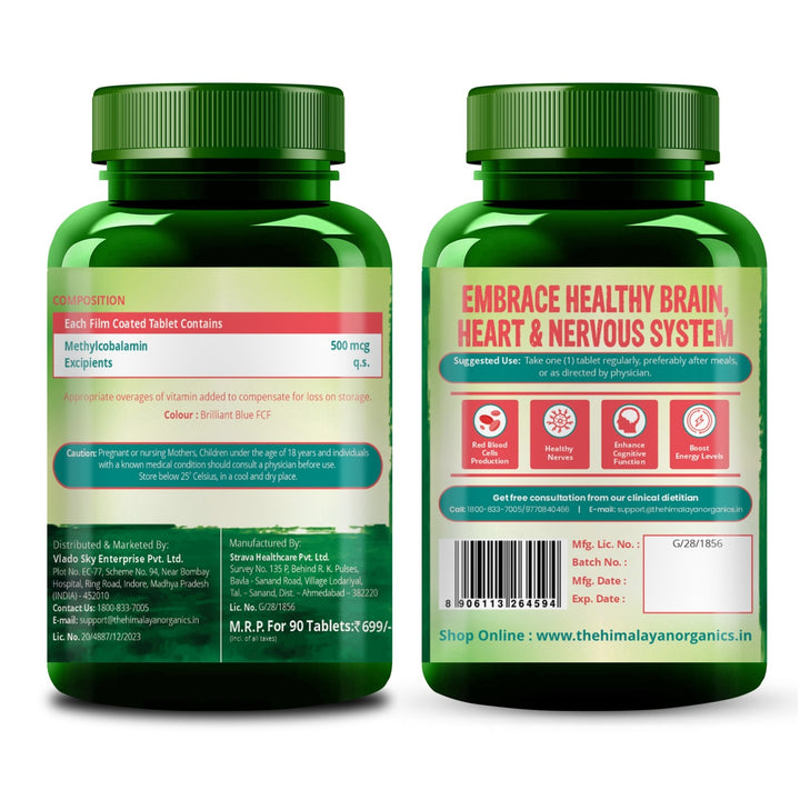 Vlado's Himalayan Organics Vitamin B12 Supplements - Methylcobalamin 500mcg I B12 Active form of Methylcobalamin I 100% RDA I For Memory, Brain, Heart & Nervous System Support I For Men & Women- 90 Tablets