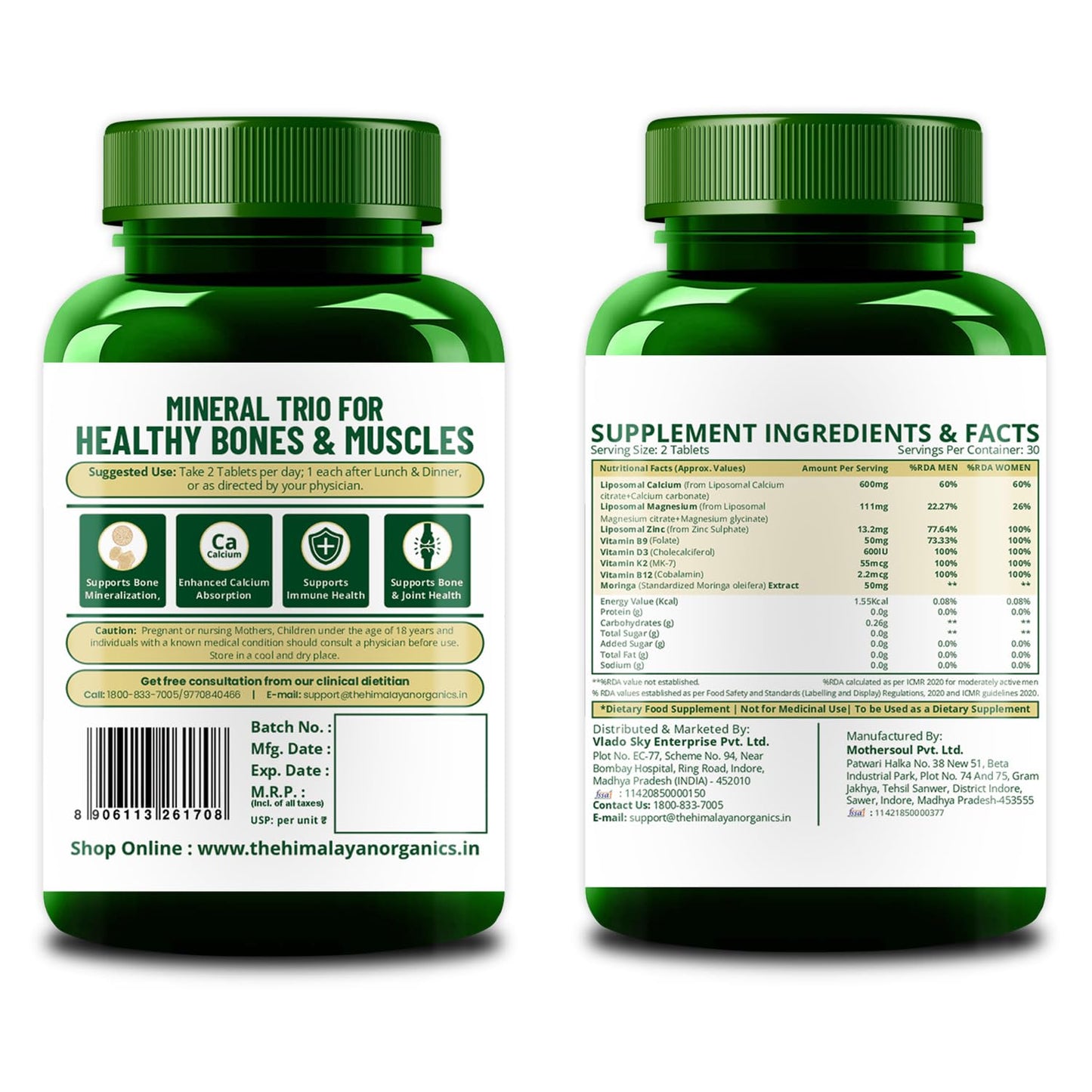 Vlado’s Himalayan Organics Liposomal Calcium Magnesium + Zinc | Vitamin D3+k2 Supplement For Stronger Bones | Boost Immunity | Healthy Heart | Muscle Growth - 60 Veg Tablets