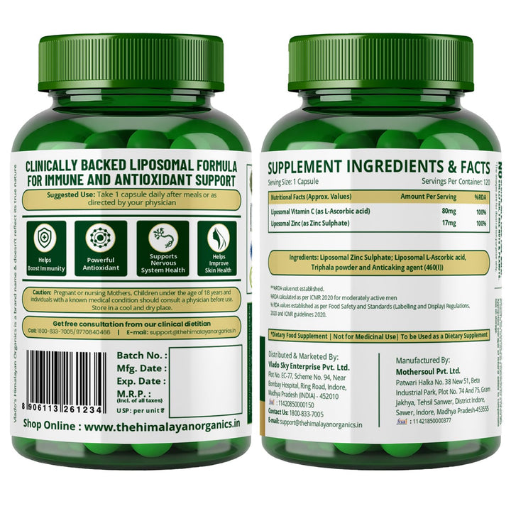 Vlado’s Himalayan Organics Liposomal Vitamin C with Zinc 1000Mg Supplement For Men And Women | Glowing And Radiant Skin | Improved Immune And Heart Health - 120 Veg Capsules