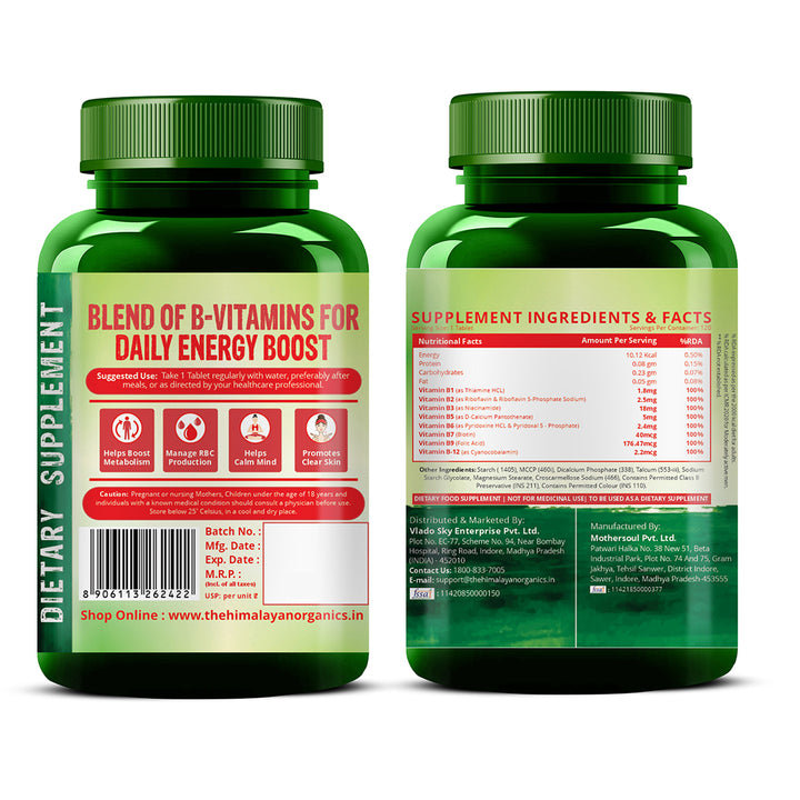 Vlado's Himalayan Organics Vitamin B Complex with 100% RDA B1, B2, B3, B5, B6, B7, B9 & B12 Supplement to Support Cognitive Health - 120 Veg Tablets