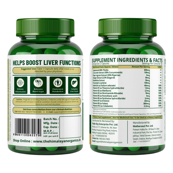 Vlado’s Himalayan Organics Liposomal Liver Detox with Milk Thistle 950mg | Curcumin, Ginger & Dandelion Extract | With Multivitamins & Amino Acids | 60 Veg Capsules