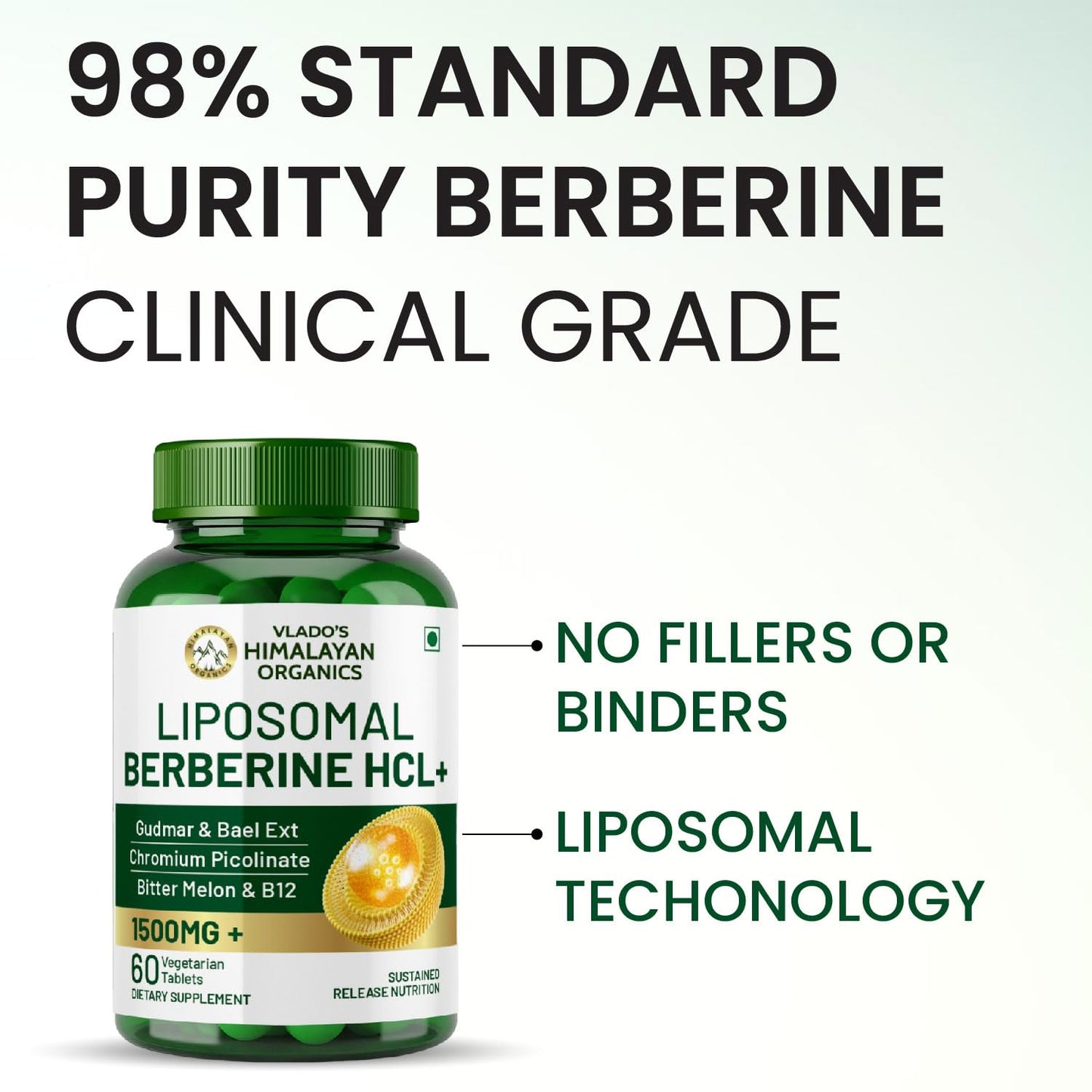 Vlado's Himalayan Organics Liposomal Berberine HCL+ 1500mg+ with Piperine, Chromium , Bitter Melon, Bael, Gudmar & Vitamin B12 |For Metabolism, Hormonal Balance, Healthy Blood Sugar & Cholesterol Levels | 60 Veg Tablets