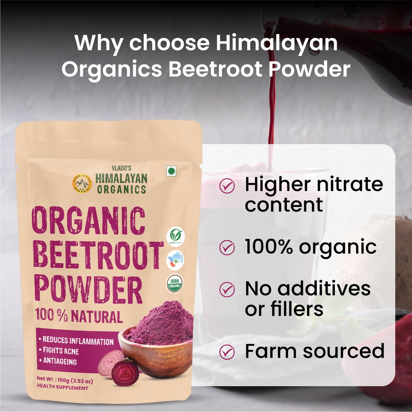Vlado's Himalayan Organics Beetroot Powder For Face, Skin & Hair I Drinking | Eating | 100% Pure | Boost Energy | Shining Skin | Rich In Antioxidants Natural Brightening, Anti-Aging & Glowing Complexion 100g