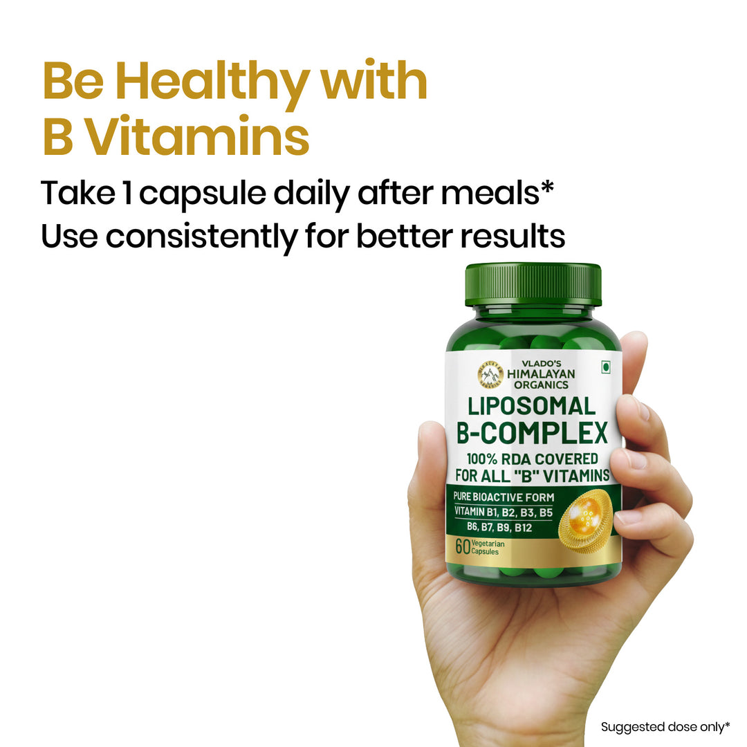 Vlado’s Himalayan Organics Liposomal Vitamin B Complex with 100% RDA B1, B2, B3, B5, B6, B9 & B12 | Hair Growth, Boost Energy And Immunity (60 Capsules)