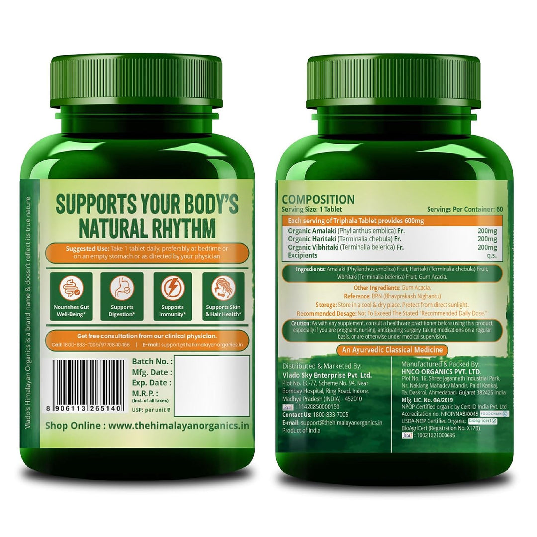 Vlado's Himalayan Organics Triphala Tablets 100% Organic | Supports Healthy Digestion | Improves Bowel Wellness | Relieves Constipation | Pure Herbs Used |100% Ayurvedic | trifala 60 Tablets.