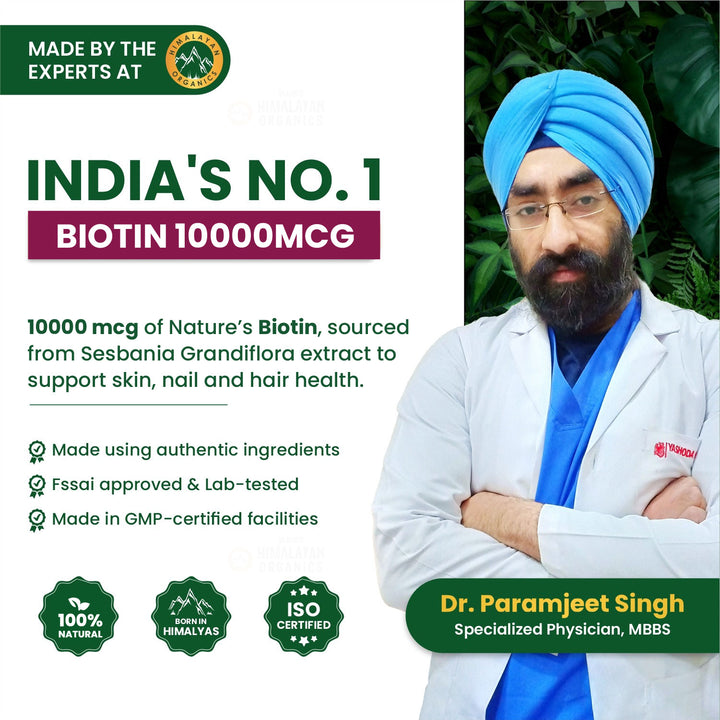 Vlado’s Himalayan Organics Biotin 10000 MCG tablets for Hair Growth, Radiant Skin and Stronger Nails I Sesbania Grandiflora Extract Biotin I Biotin Supplement for men & Women - 90 Veg Tablets