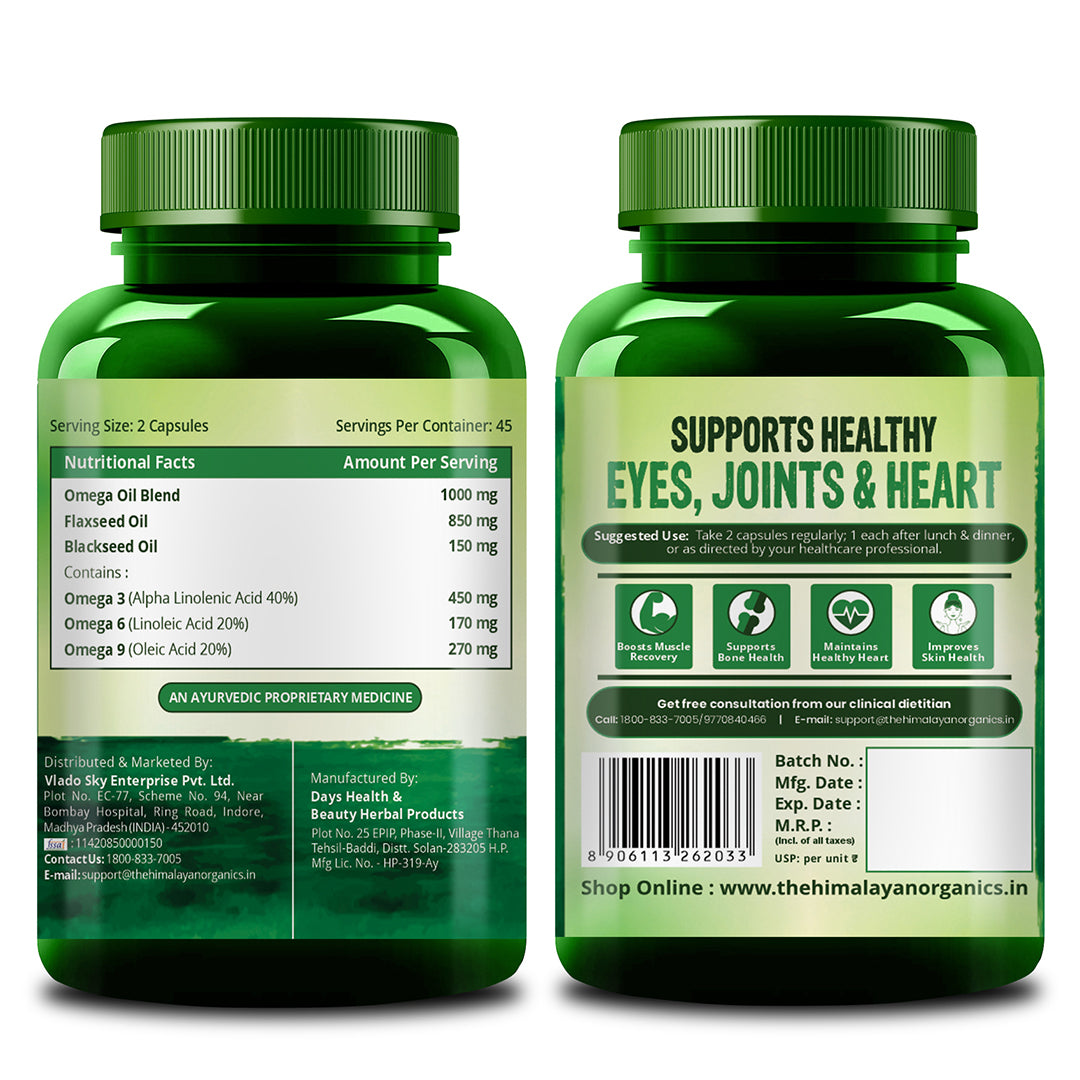 Vlado's Himalayan Organics Flax Seed Oil Omega 3 6 9 Vegan Natural Nutrition Supplement for Muscle , Bone , Heart & Skin - Veg Capsules 90 Count