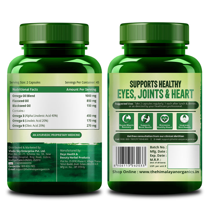Vlado's Himalayan Organics Omega 3 6 9-2000mg/Serving I Vegetarian Omega 3 I Source from Flax Seed I Support Muscle,Bone,Heart & Skin - No Fish Burps Oil Used Capsules for Men & Women- 90 Capsules