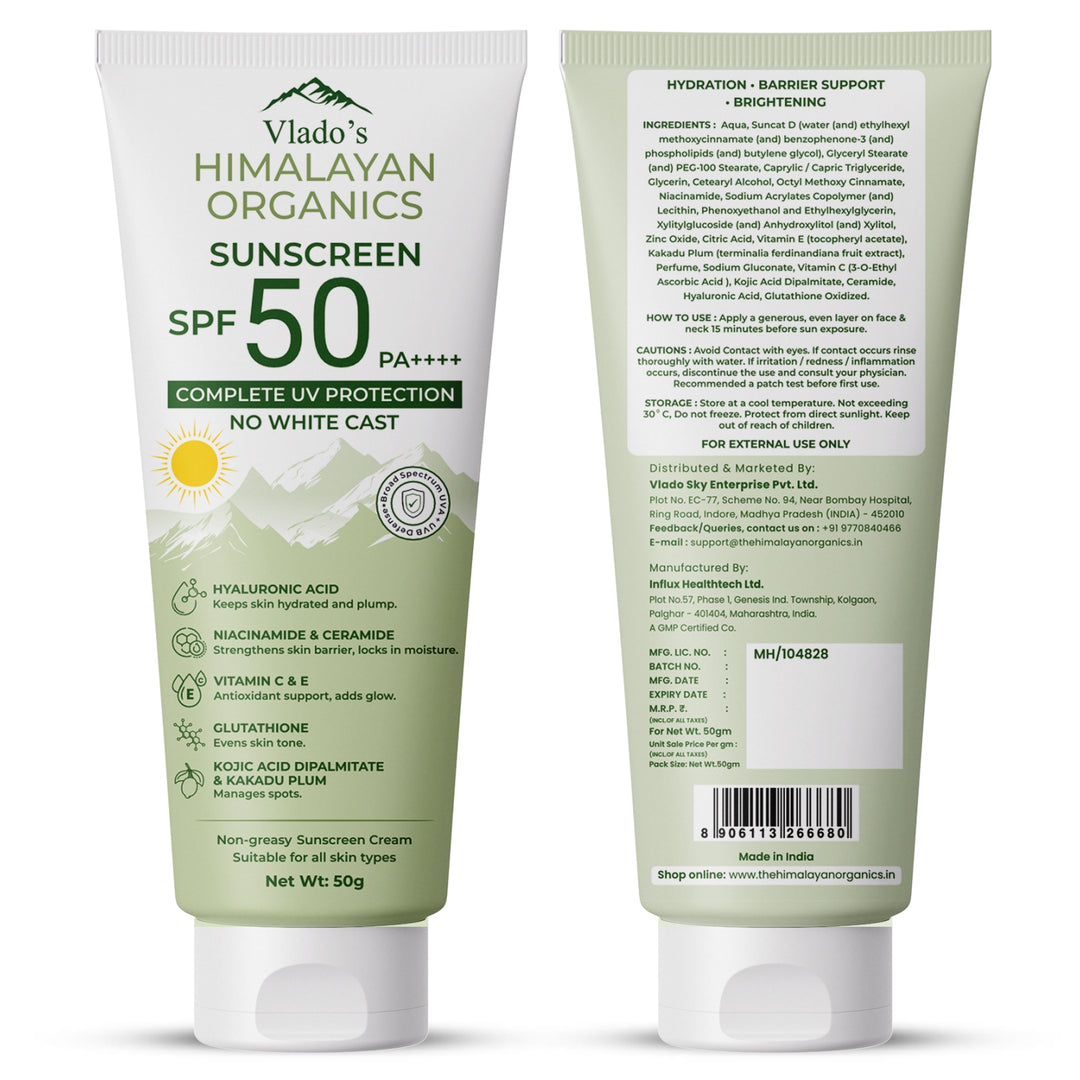 Vlado's Himalayan Organics Sunscreen SPF 50 PA+++ with Hyaluronic Acid, Niacinamide, Glutathione, Vitamins C & E, Kojic Acid, Kakadu Plum & Ceramide | No White Cast | 12H Protection | All Skin Types | Men & Women