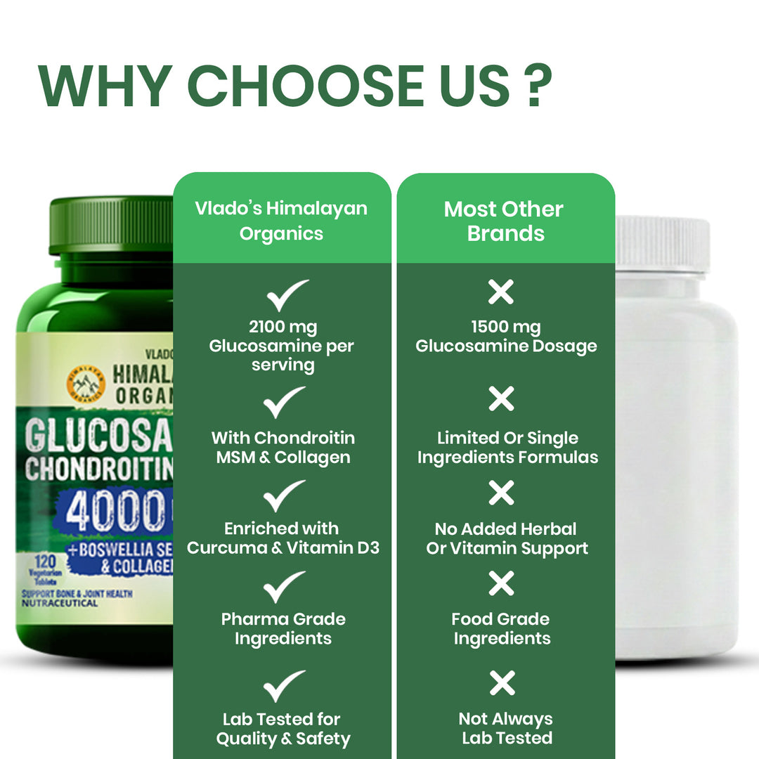 Vlado’s Himalayan Organics Glucosamine Chondroitin MSM Tablets | Cartilage & Joint Support Supplement | Glucosamine for Joint Relieves Pain and Stiffness I Added Collagen peptides, Curcuma, Vitamin D & Boswellia - Pure Veg Formula - 120 Vegetarian Tablets