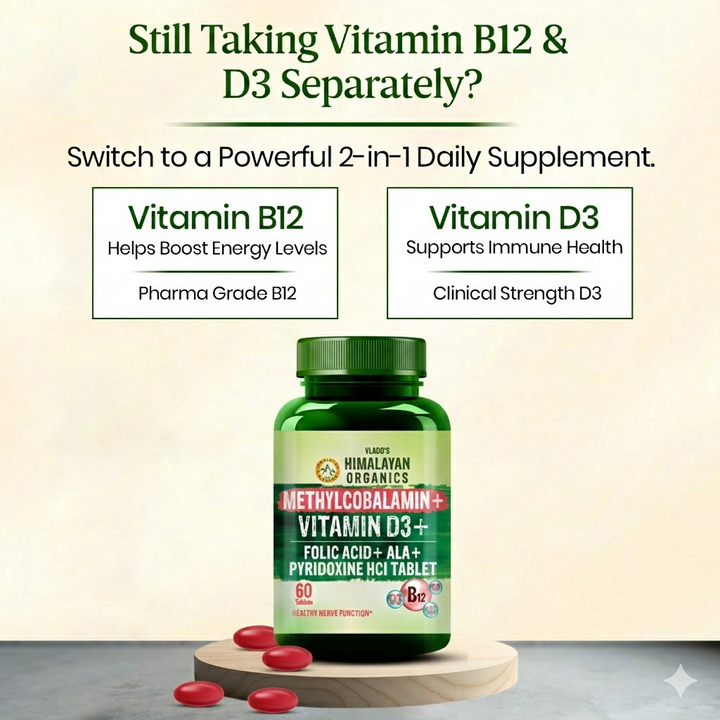Vlado's Himalayan Organics Vitamin B12 1500mcg with Vitamin D3 | Methylcobalamin 1500mcg with Vitamin D Tablets with Alpha Lipoic Acid , Folic Acid I B12 Vitamin Tablets - Best Vitamin B-12 Supplement For Men & Women - 60 Tablets