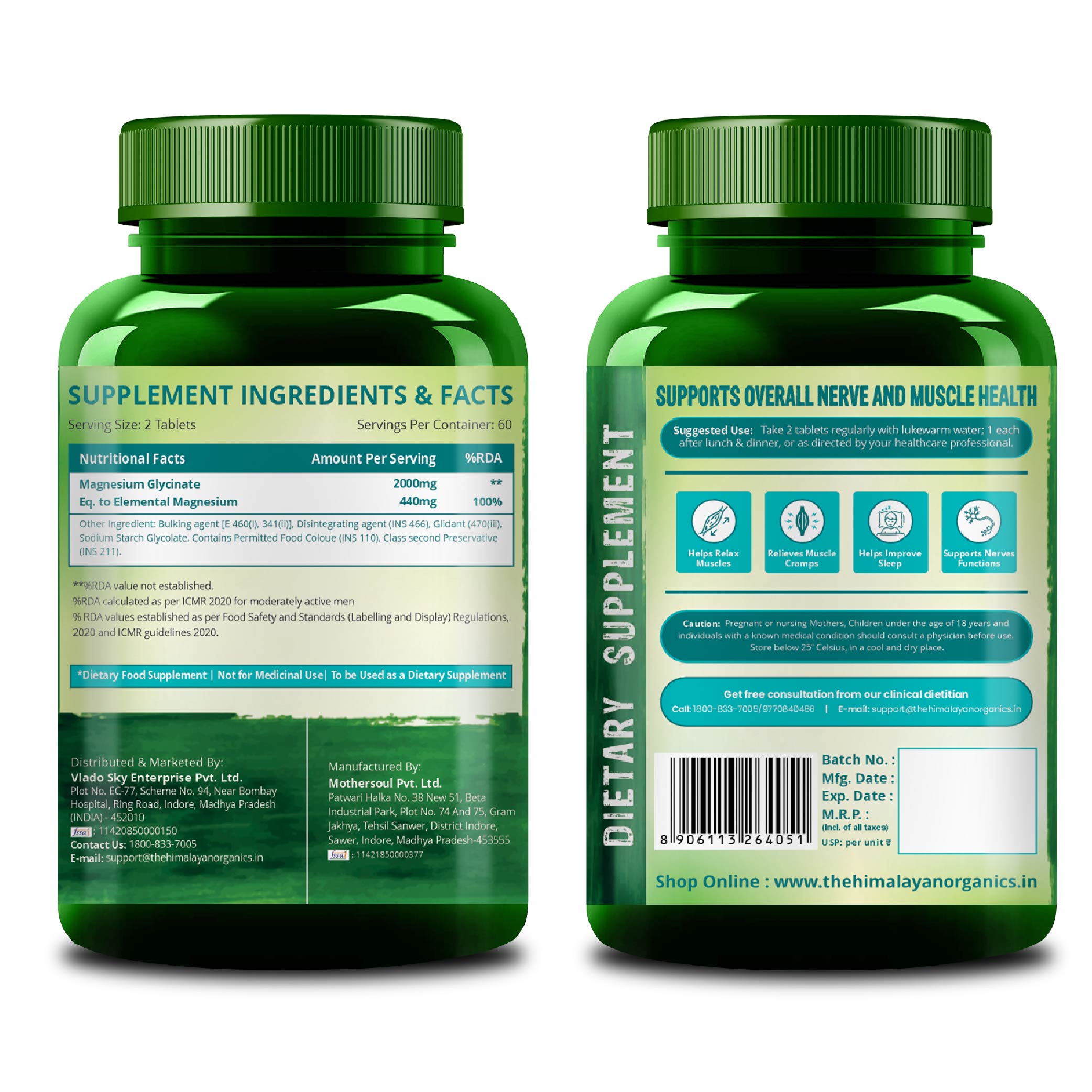 Vlado's Himalayan Organics Highly Absorbable Magnesium Glycinate | Support Nerve And Muscle Health | Strong Bones For Men & Women - 120 Veg Capsules