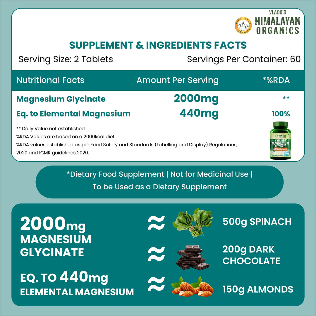 Vlado's Himalayan Organics Chelated Magnesium Glycinate Supplement 2000mg | Highly Absorbable Magnesium I Support in Muscle, Cramps, Recovery, & Nerve Relaxation, Better Sleep Quality for Men & Women - 120 Veg Tab