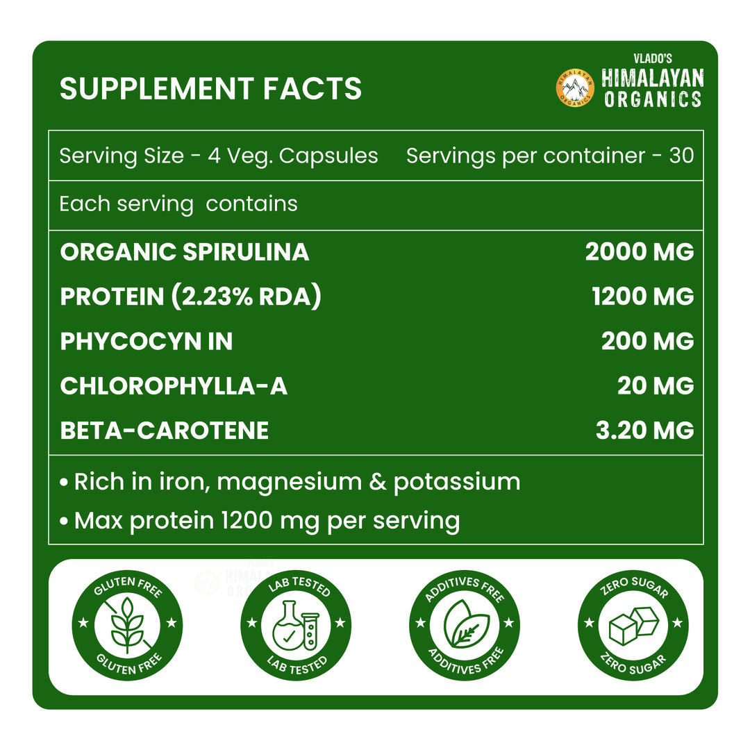 Vlado's Himalayan Organics Spirulina 2000mg Supplement For Men And Women  - 120 Veg Capsules
