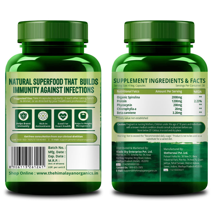Vlado's Himalayan Organics Spirulina 2000mg Supplement For Men And Women  - 120 Veg Capsules