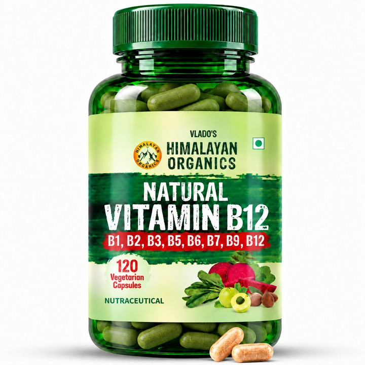 Vlado's Himalayan Organics Natural Vitamin B12 Supplement | B1,B2,B3,B5,B6,B7,B9,Moringa| Boost Energy Level | Good For Digestion And Nerve Health | Glowing Skin For Men & Women - 120 Vegetarian Capsules
