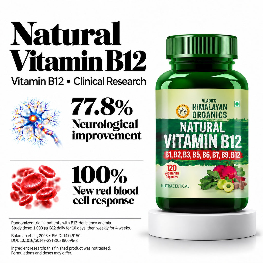 Vlado's Himalayan Organics Natural Vitamin B12 Supplement | B1,B2,B3,B5,B6,B7,B9,Moringa| Boost Energy Level | Good For Digestion And Nerve Health | Glowing Skin For Men & Women - 120 Vegetarian Capsules