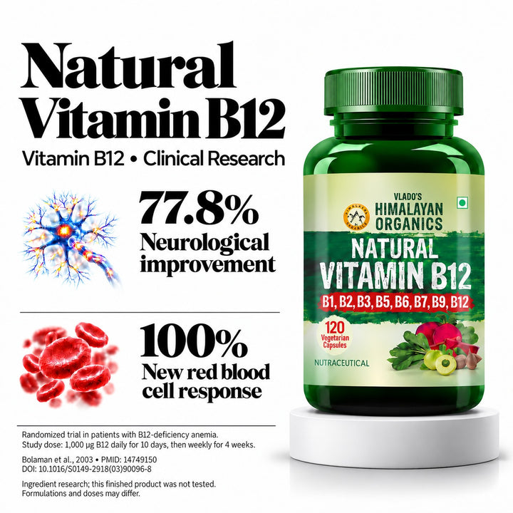Vlado's Himalayan Organics Natural Vitamin B12 Supplement | B1,B2,B3,B5,B6,B7,B9,Moringa| Boost Energy Level | Good For Digestion And Nerve Health | Glowing Skin For Men & Women - 120 Vegetarian Capsules