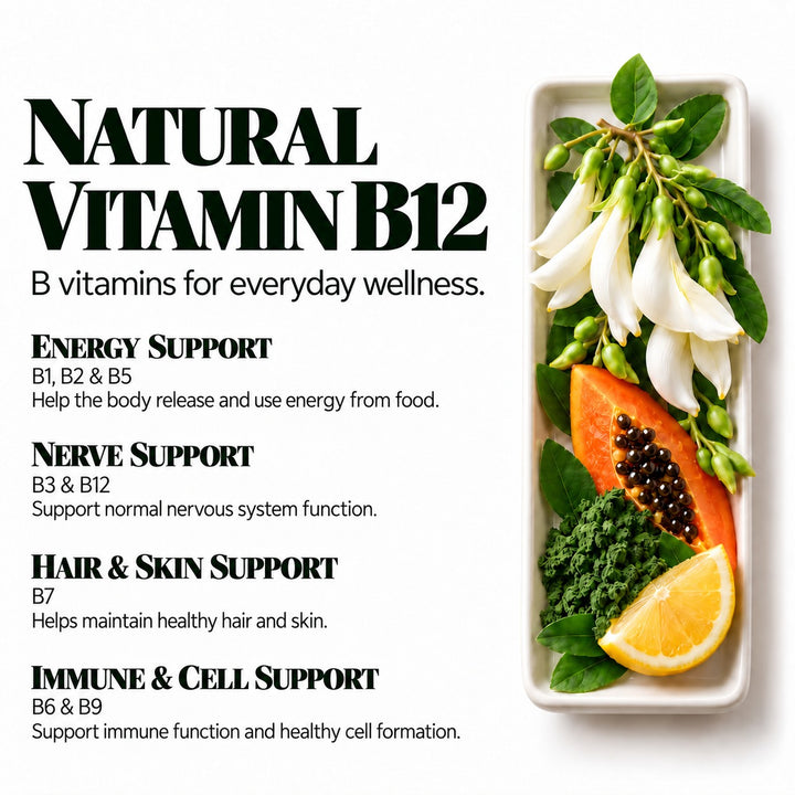 Vlado's Himalayan Organics Natural Vitamin B12 Supplement | B1,B2,B3,B5,B6,B7,B9,Moringa| Boost Energy Level | Good For Digestion And Nerve Health | Glowing Skin For Men & Women - 120 Vegetarian Capsules