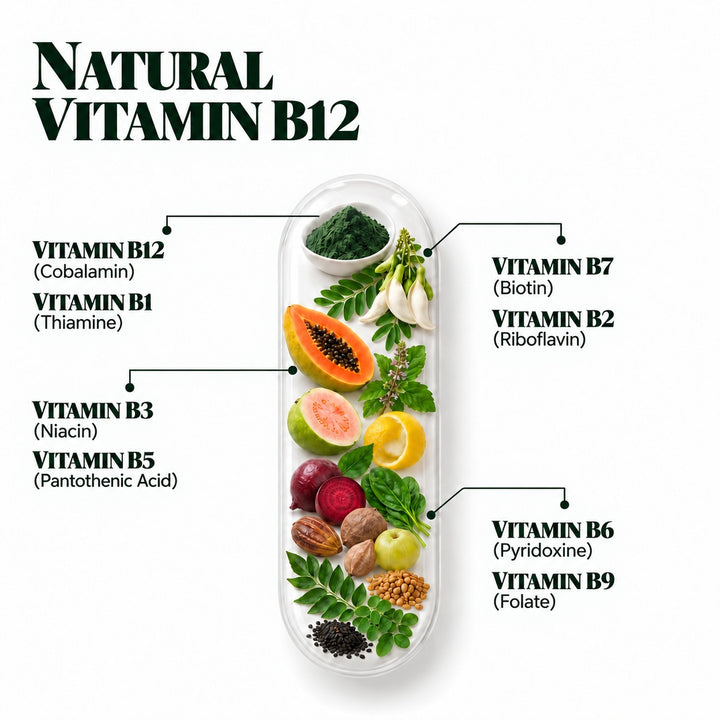 Vlado's Himalayan Organics Natural Vitamin B12 Supplement | B1,B2,B3,B5,B6,B7,B9,Moringa| Boost Energy Level | Good For Digestion And Nerve Health | Glowing Skin For Men & Women - 120 Vegetarian Capsules