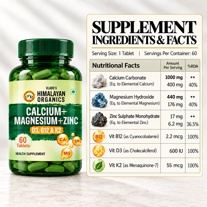 Vlado's Himalayan Organics Calcium Magnesium Zinc Vitamin D3 & B12-60 Vegetarian Tabs