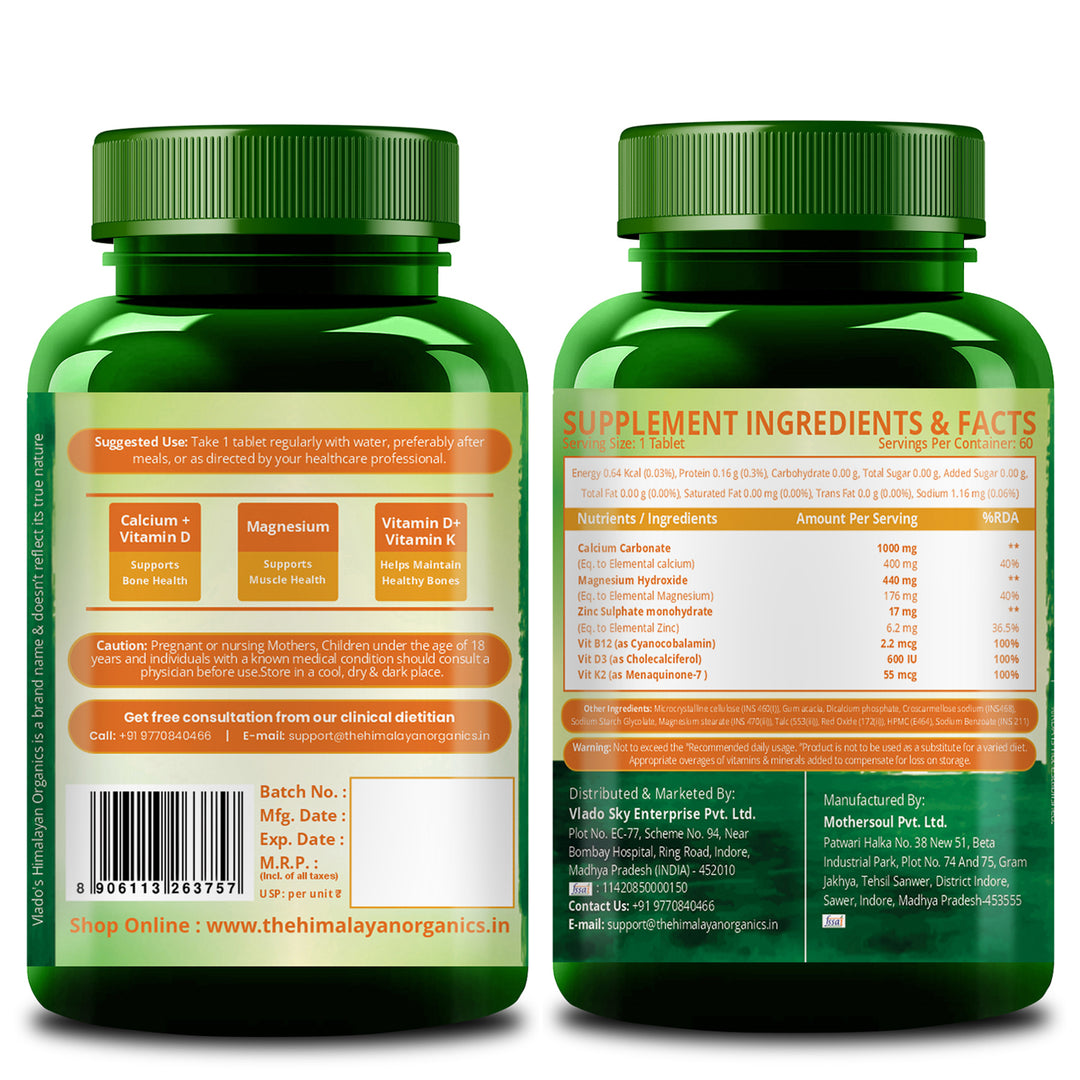 Vlado's Himalayan Organics Calcium Magnesium Zinc Vitamin D3 & B12-60 Vegetarian Tabs
