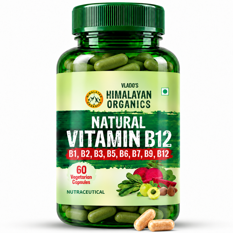 Vlado's Himalayan Organics Natural Vitamin B12 Supplement- with Vitamin B1,B2,B3,B5,B6,B7,B9,Moringa | Support Nerve Health & Brain Function I Energy Production, Energy, Maximize Absorption, Boost Metabolism I For Men & Women - 60 Vegetarian Capsules