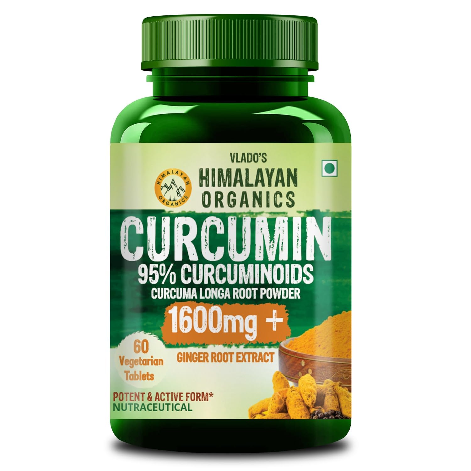 Vlado's Himalayan Organics Curcumin (1600mg+ / Serving ) with Black Pepper ( Piperine & Bioperine ), Supplement and 95% Curcuminoids | Anti inflammatory Supplement for Men & Women | With Curcuma Longa, Turmeric & Ginger Root extract | 60 Veg Tablets