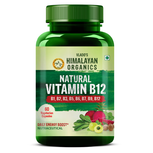 Vlado's Himalayan Organics Natural Vitamin B12 Supplement- with Vitamin B1,B2,B3,B5,B6,B7,B9,Moringa | Support Nerve Health & Brain Function I Energy Production, Energy, Maximize Absorption, Boost Metabolism I For Men & Women - 60 Vegetarian Capsules