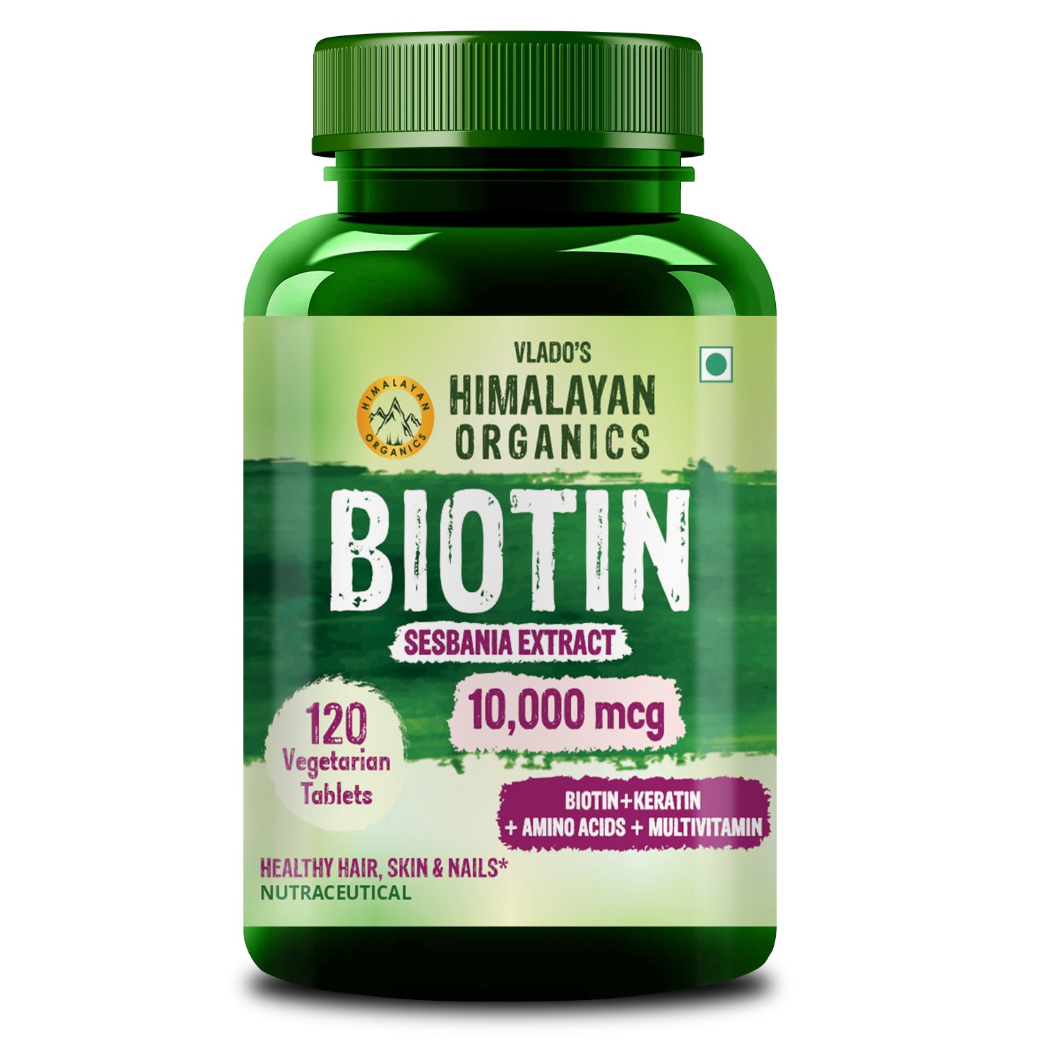 Vlado's Himalayan Organics Biotin 10,000mcg Supplement with Keratin + Amino Acids & Multivitamin - 120 Veg Tablets
